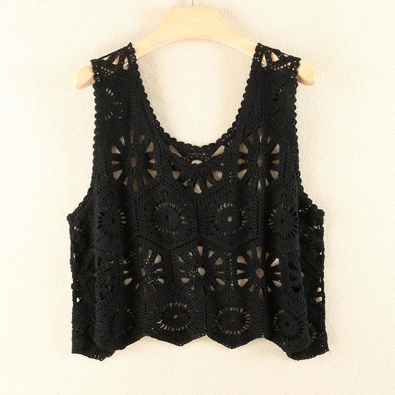 Chaleco de ganchillo de punto hueco para el verano de mujer con nuevo top de tirantes suelto bohemio sin mangas