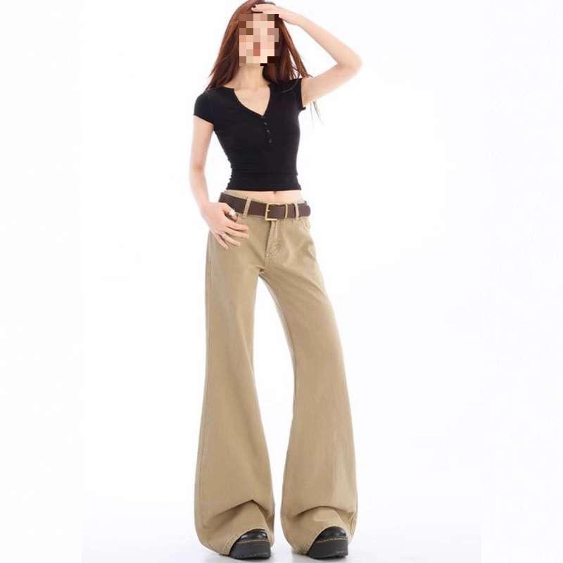 Women s Khaki Micro-Flare Retro Jeans: Low-Waist, Loose, Drapey Wide-Leg, Long Summer Style XS