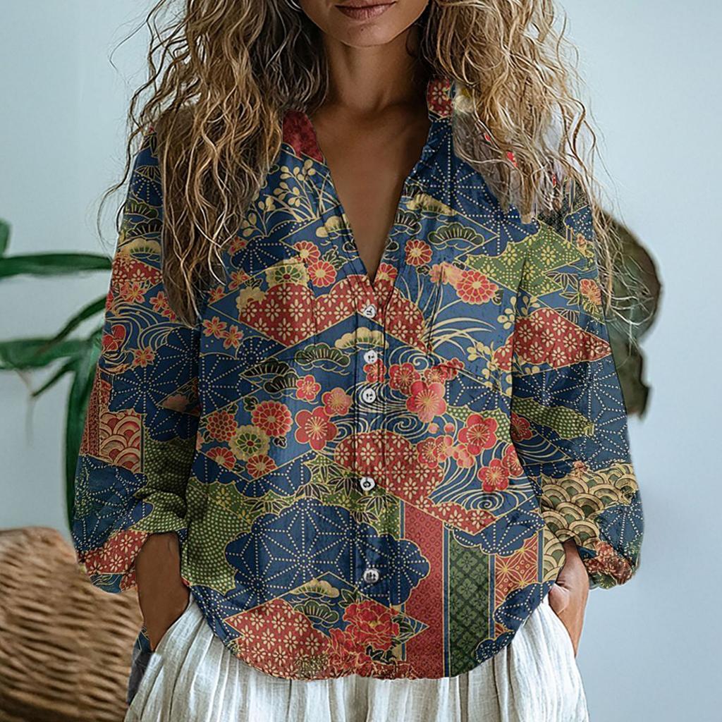 Plus Size Boho Print Shirt Top For Women Loose V Neck Long Sleeve Button Shirts Tops Lady Casual Holiday Clothing Spring Blouses