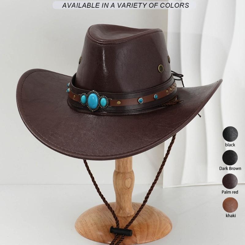 PU Leather Hat Unisex Western Hat Wide Border Hat Sun Protecting Hats Hiking for Western Themed Celebrations