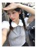 Women's Gray Peter Pan Collar Knit Top – Short-Sleeve, Summer, Fashionable Two-Piece Design