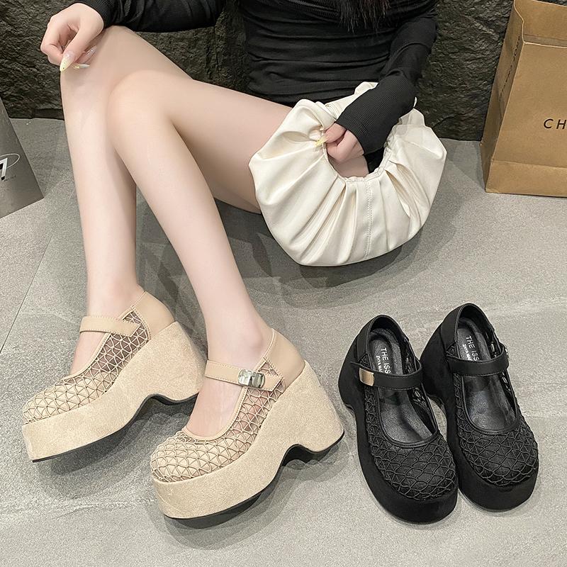 Fashion Hollow Breathable Chunky Heels Slippers Platform Wedges Sandals Summer Block High Heels for Women Shoes Loafers Sandalias