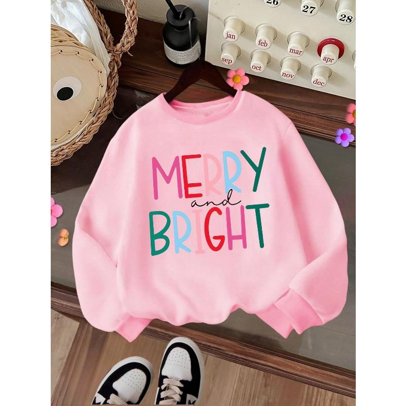 Kids Crewneck Sweatshirt, MERRY BRIGHT Text Print, Casual Tops for Fall & Winter