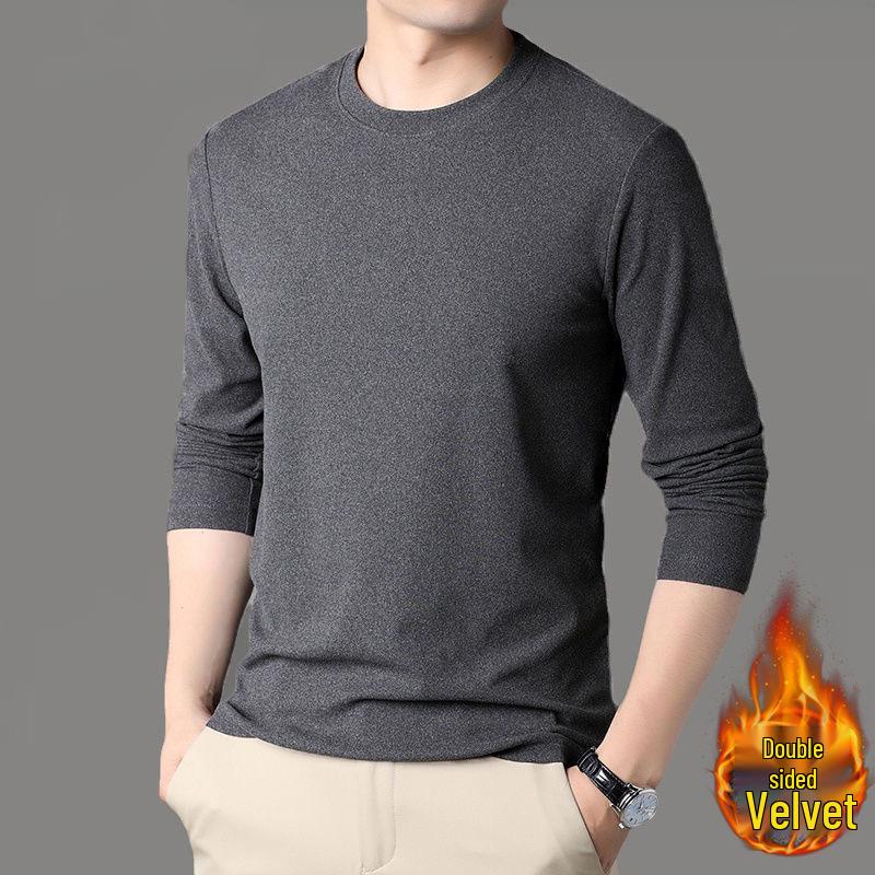 

Men s 2026 Double-Sided Velvet Seamless Long Sleeve T-Shirt - Warm Autumn/Winter Solid Color Round Neck XL темно-серого