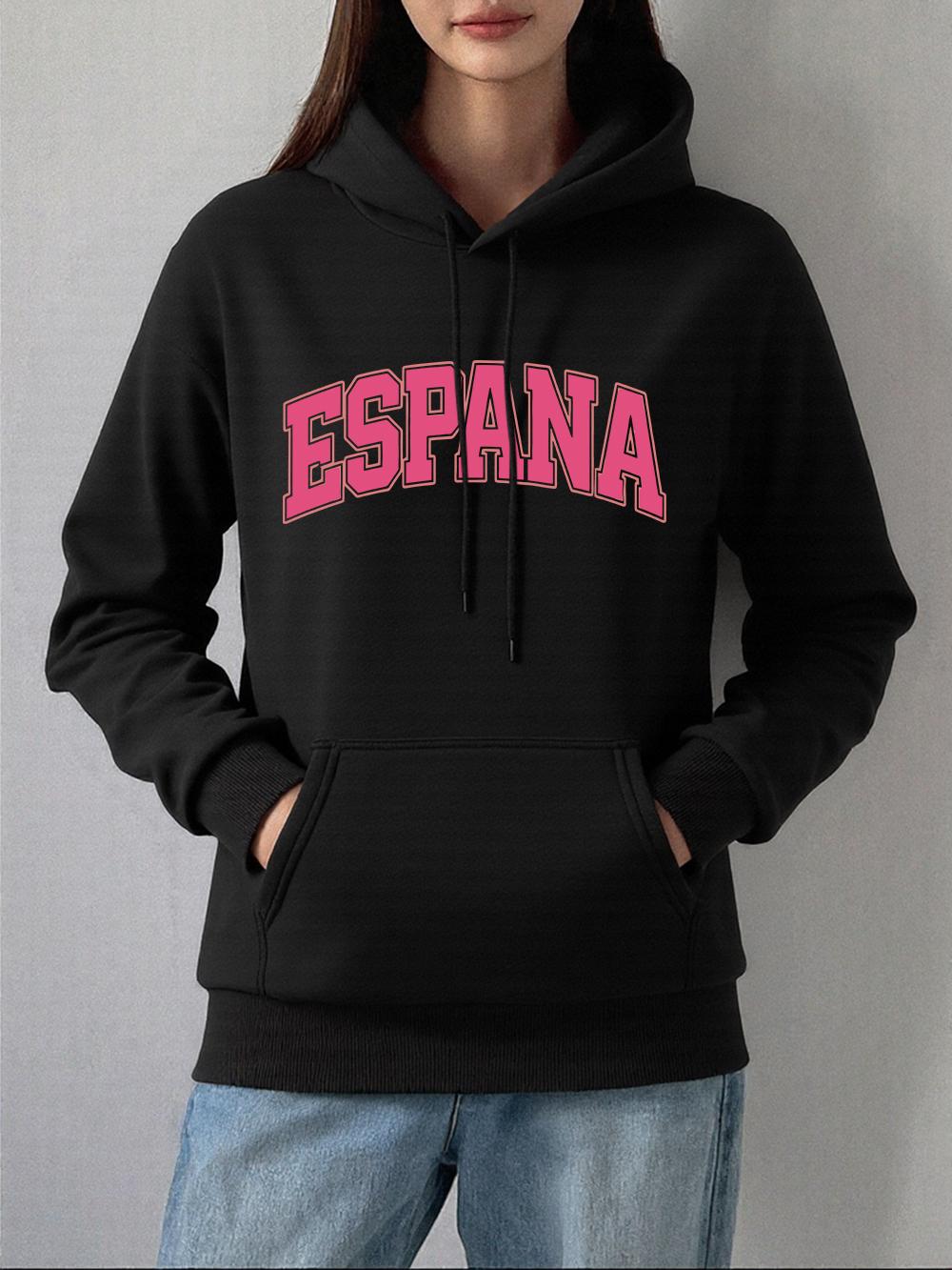 

España Letter Classics Printed Hoodie Women Comfortable Loose Sweatshirt Fleece Warm Soft Pullover Casual Pocket Womans Clothes 2XL