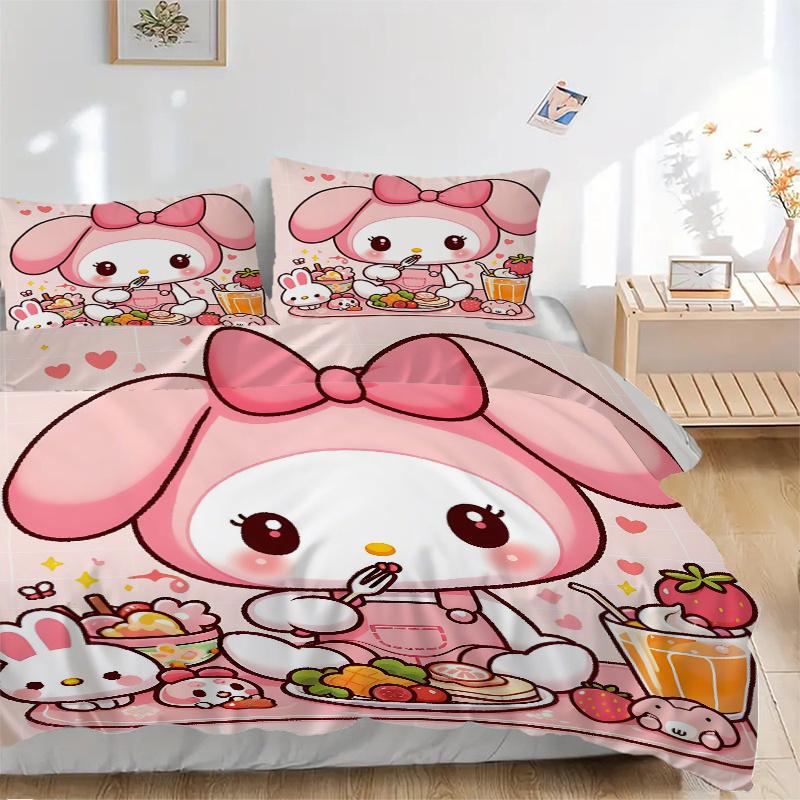

3pcs My Melody s Sweet Breakfast Adventure Bedding Set - 1 Soft Quilt Cover + 2 Pillowcases, Machine Washable - Suitable for All Seasons, H079 135x200cm
