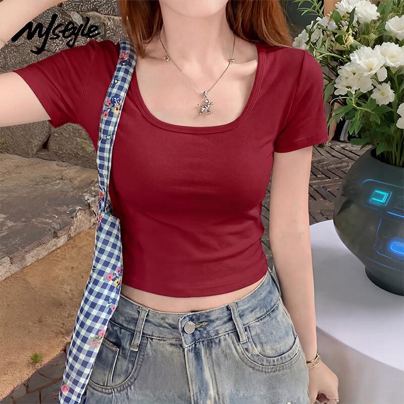 MJ STYLE Women's Square Neck Slim-Fit Short Sleeve T-Shirt