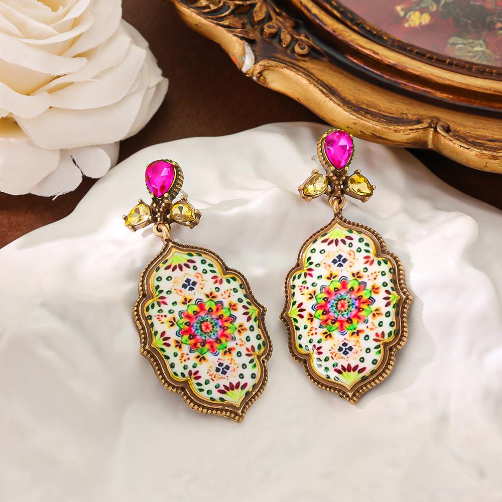 Vintage Antique Gold Plated Mandala Flower Drop Earrings For Women Boho Big Epoxy Statement Earrings Jewelry