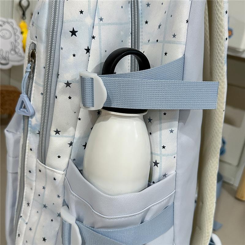 Cute Star Print School Backpack Lightweight Nylon Zipper Daypack with Clear Pocket for Teen Girls Daily Travel