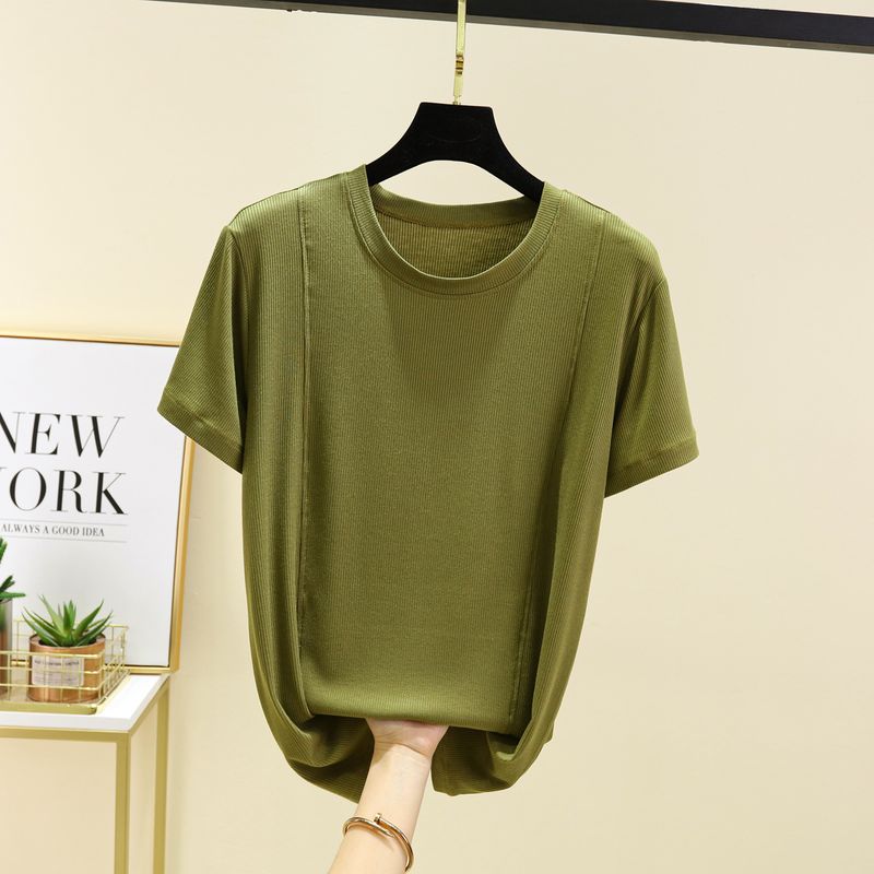 

Modal Short-Sleeved T-shirt Women s Spring and Summer Thin Outwear Plus Size Tops Inner Match Slimming Pure Color Casual Bottoming Shirt Olive green XL (70.00 kg-80.00 kg recommended