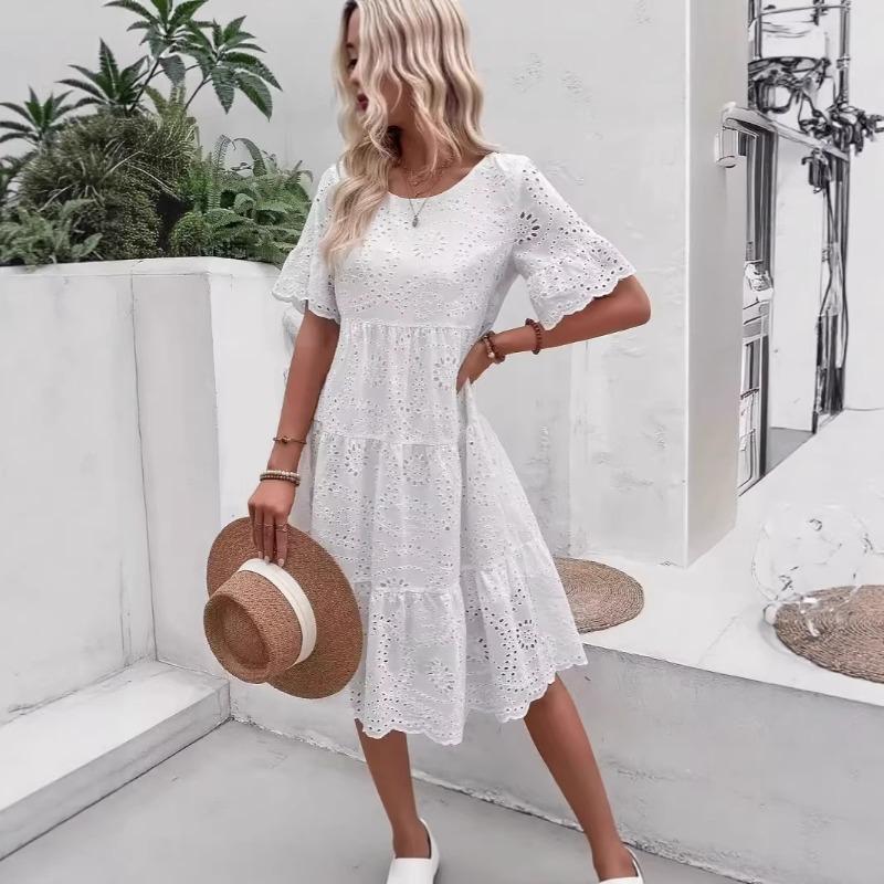 European and American fashion new wish hot sale solid color cotton embroidered lace hollow dress