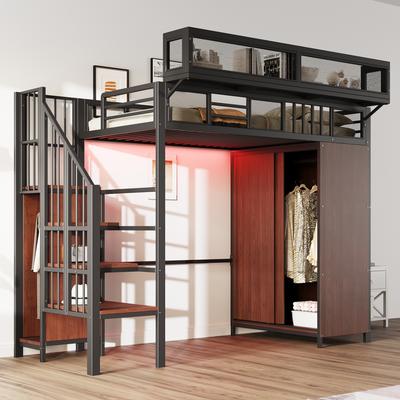 Metal Loft Bed 90 × 200 Cm with Wardrobe, Safety Ladder, LED Lighting and Mesh Fabric Guard Rails with Removable Shelves, Black