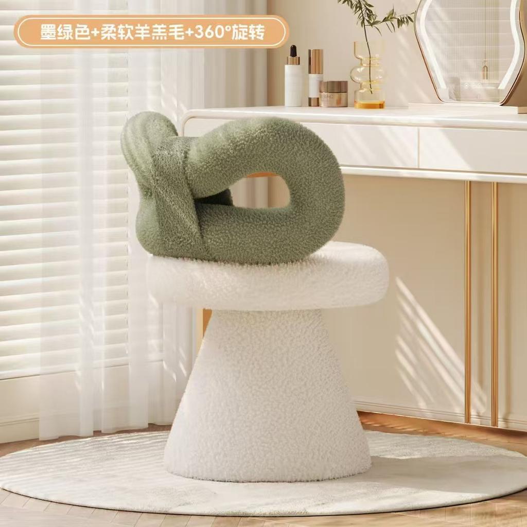 Cream Vanity Stool with Bow Back, Rotating Faux Sheepskin Makeup Chair,Nail Salon Stool for Dressing Table,Aesthetic Home Decor