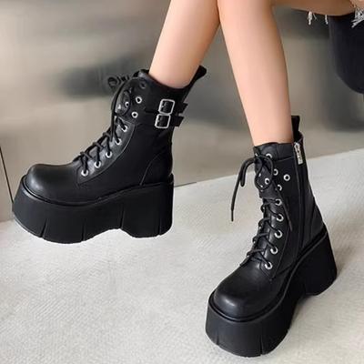 Moda 2024 Botas de tacón alto hasta el tobillo con suela gruesa decoradas con hebilla de metal de alta calidad para mujer