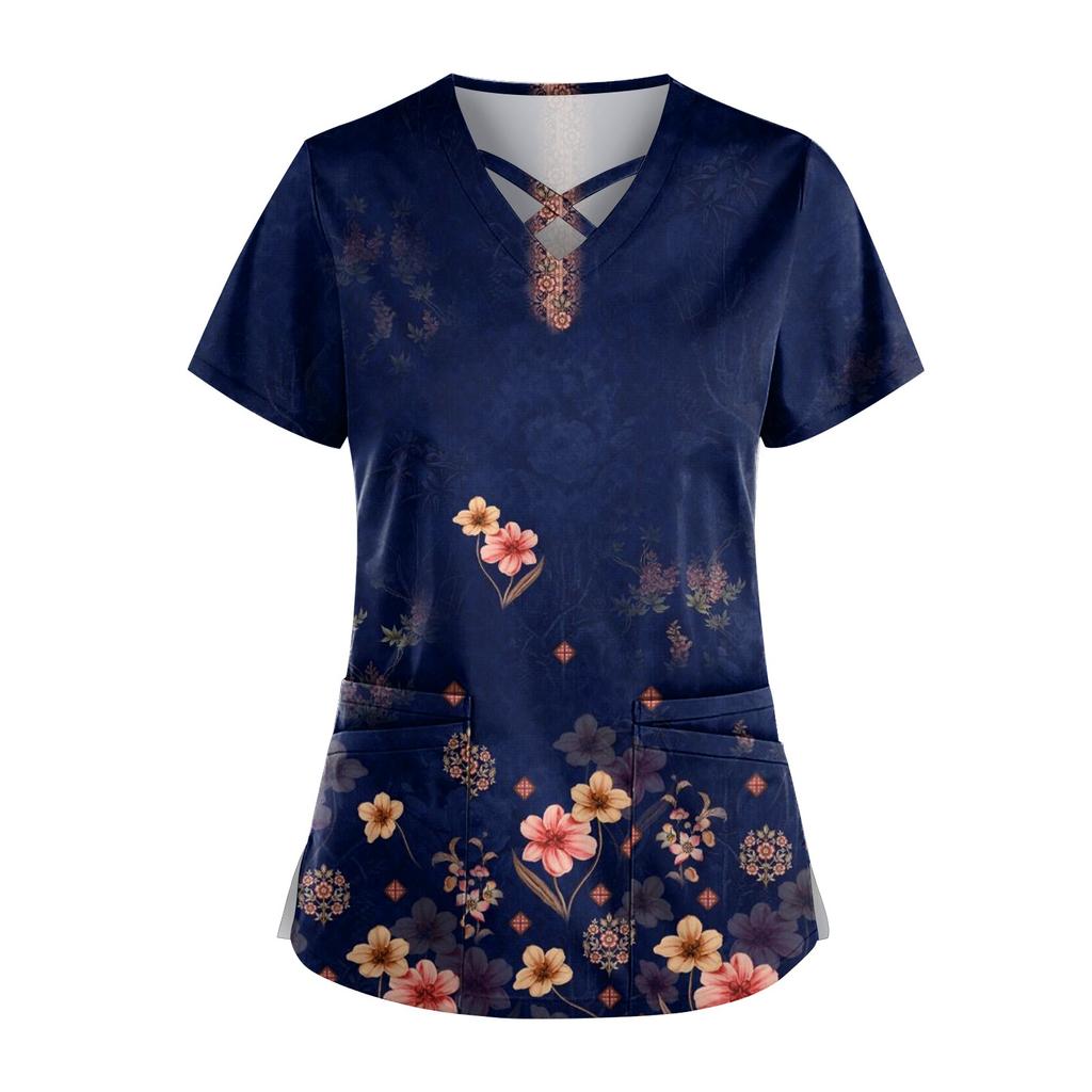 Women's Fashion V Neck Cross Retro Printed Uniform With Pocket T-Shirt Short Sleeve Top