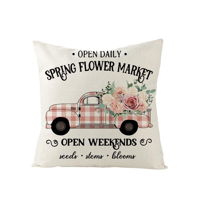 Spring Floral Pillowcase Linen Printed Sofa Pillowcase Pink Truck Bedroom Cushion Cover