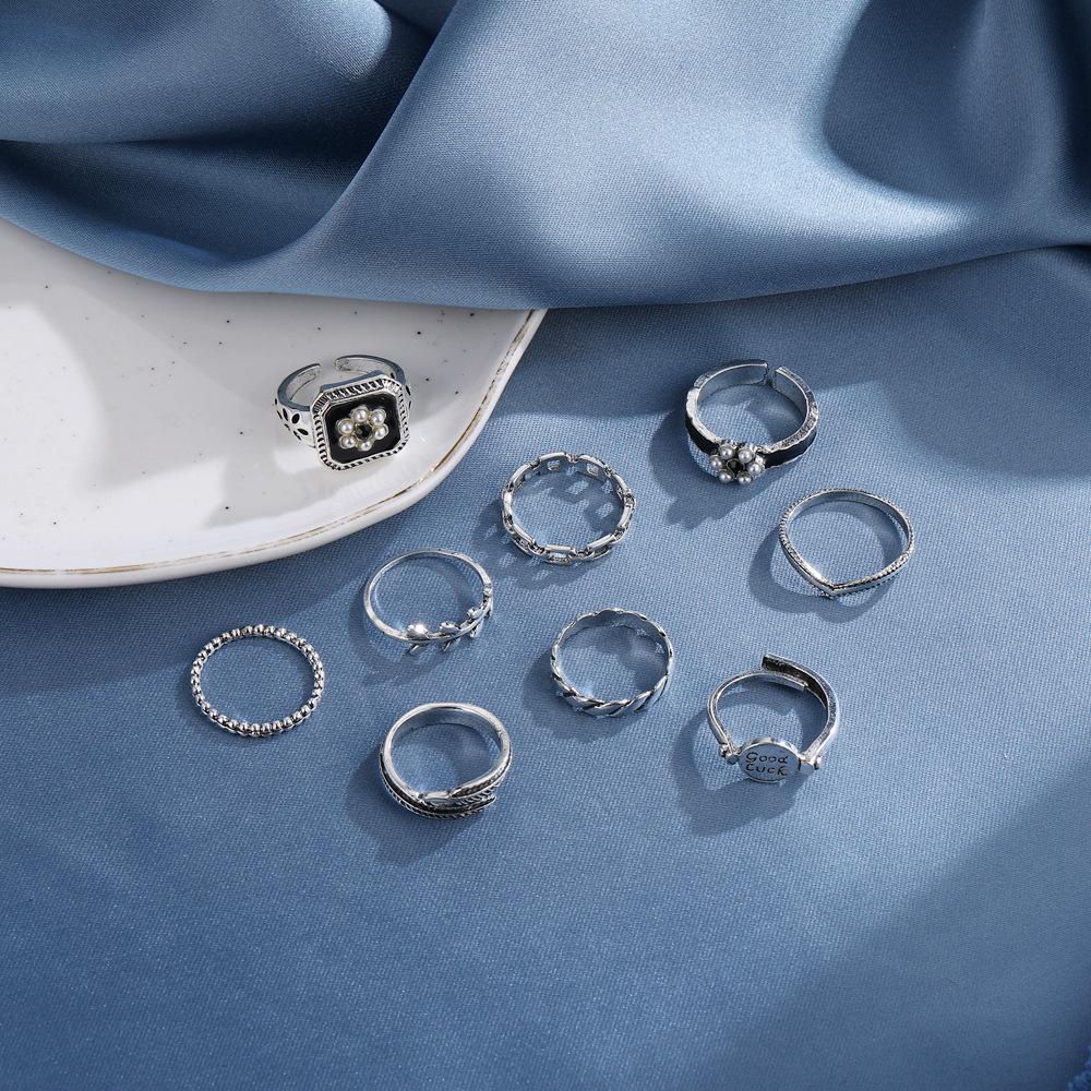 Retro Personality Point Small Pearl English Good Luck Feather Chain Hollow Opening 9 Pieces Set Ring