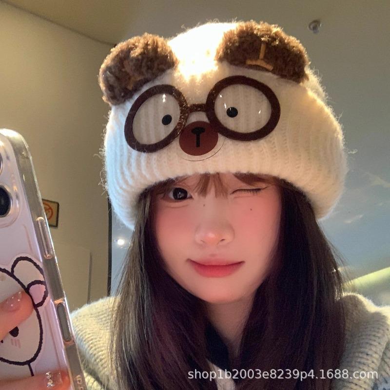 Women Cute Cat Ear Knit Hat Beige Warm Big Head Size Cartoon Cat Glasses Ear Protection Wool Hat