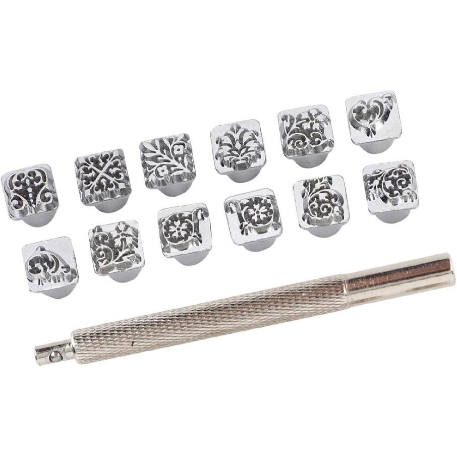 12PCS Leather Stamping Tools, 12 Patterns Zinc Alloy Leather Craft Stamps Punch Set Tool, Flower Design Leather Stamper for Leather Craft DIY Jewelry