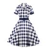 Damen 50er-Jahre-Retro-Swing-Kariertes Kleid mit Gürtel, Reverskragen, kurzen Ärmeln, Midi-Kleider für Brautjungfer, Party, Abend, Cocktail, Promi-Anlass, Outfit