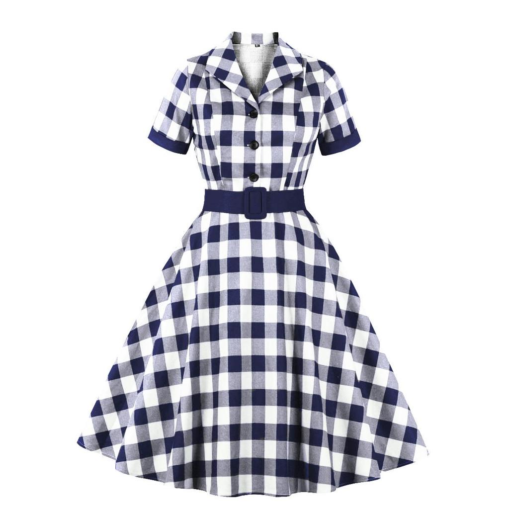 Damen 50er-Jahre-Retro-Swing-Kariertes Kleid mit Gürtel, Reverskragen, kurzen Ärmeln, Midi-Kleider für Brautjungfer, Party, Abend, Cocktail, Promi-Anlass, Outfit