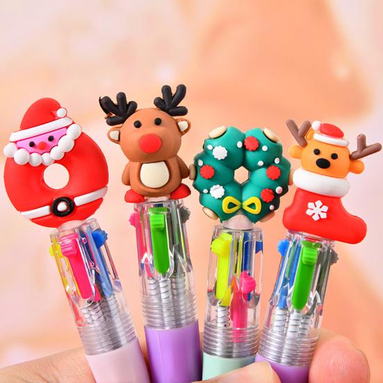 Christmas 4-Color Ballpoint Pen Set Santa Theme Click Pens Smooth Writing Ballpoint Pens for Holiday Gifting