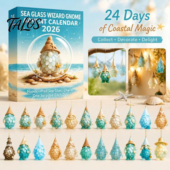 Seasonal Home Party Supplies Coastal Gnome Advent Calendar, 24Pcs Acrylic 2D Sea Glass Ornament Set Halloween Holiday Decoration with Hanging String,