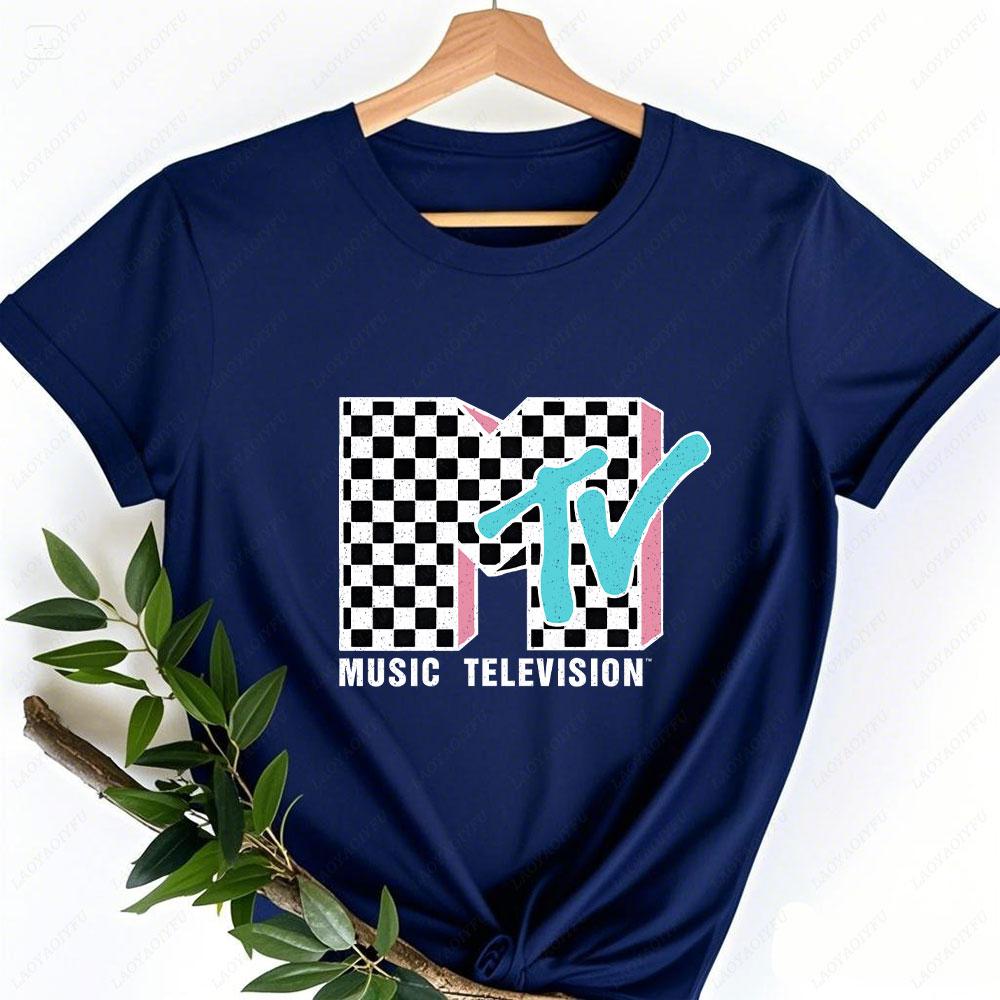 MTV Neon Distressed Karomuster Logo Grafik Damen Hemden Retro 80er 90er MTV Familienpassendes T-Shirt Vintage MTV Geburtstagskind Oberteile