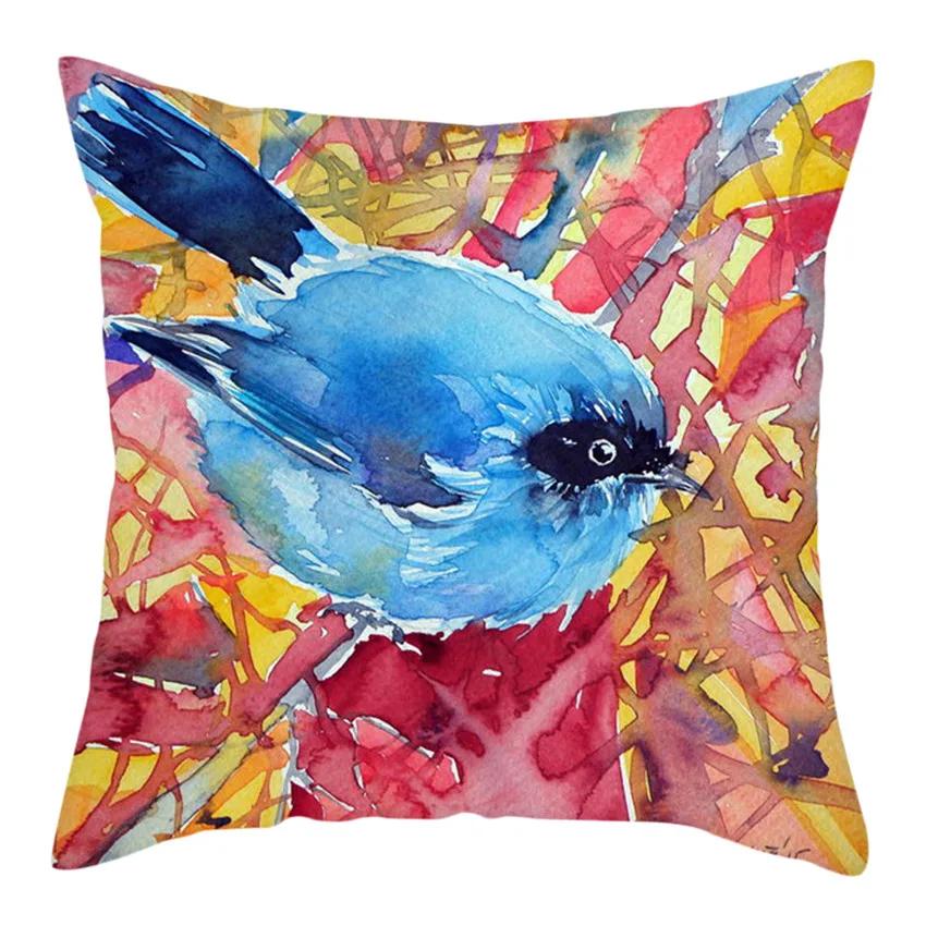Animal Series Blue Bird Print Cushion Cover Art Painting Bird Polyester Pillow Case For Sofa Bed Pillow Cover Home Decor 45X45Cm