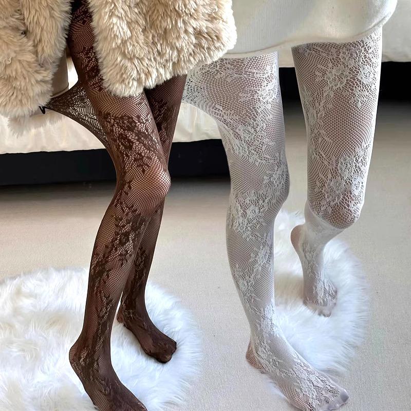 2026 Retro Floral Lace White Black Stockings Korean Sexy Hollowed Out Lace Mesh Stockings with Bottom Pantyhose for Women Tights