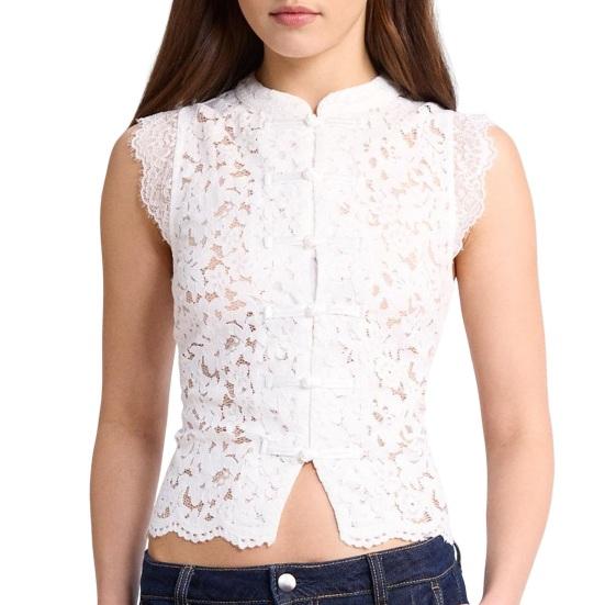 

Women Tops Stand Sleeveless Collar Short Tops Knot Button Embroidery Lace Perspective S білий