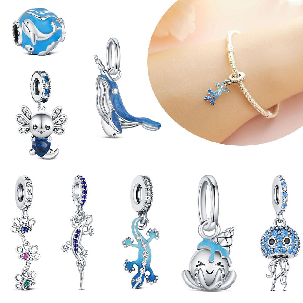 925 Silver Animal Charm Cartoon Cute gecko octopus Bead Fit Bracelet Diy For Women Original Dangle Pendant Mother's Day Gift