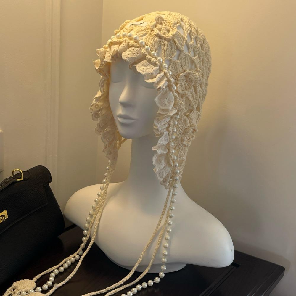 Pearl Tassels Crochet Flower Knitted Hat Bohemian Style Weave Cap Cute Lace Beanies  Outdoor