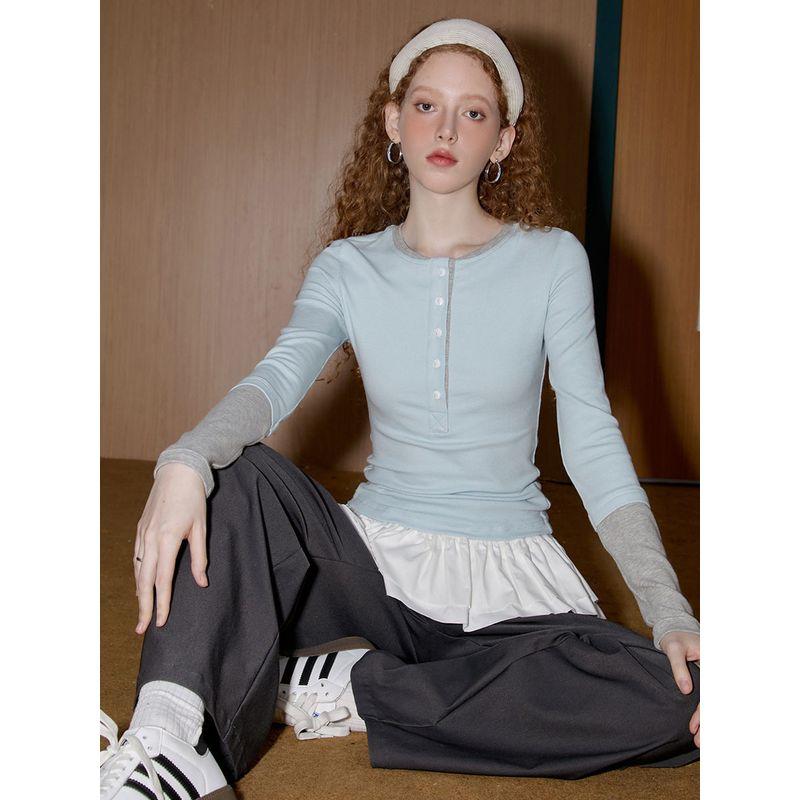 Coolhut American Retro Color-Blocking Round Neck Slim Fit 2026 Spring Women's T-Shirt Casual Long-Sleeved Top