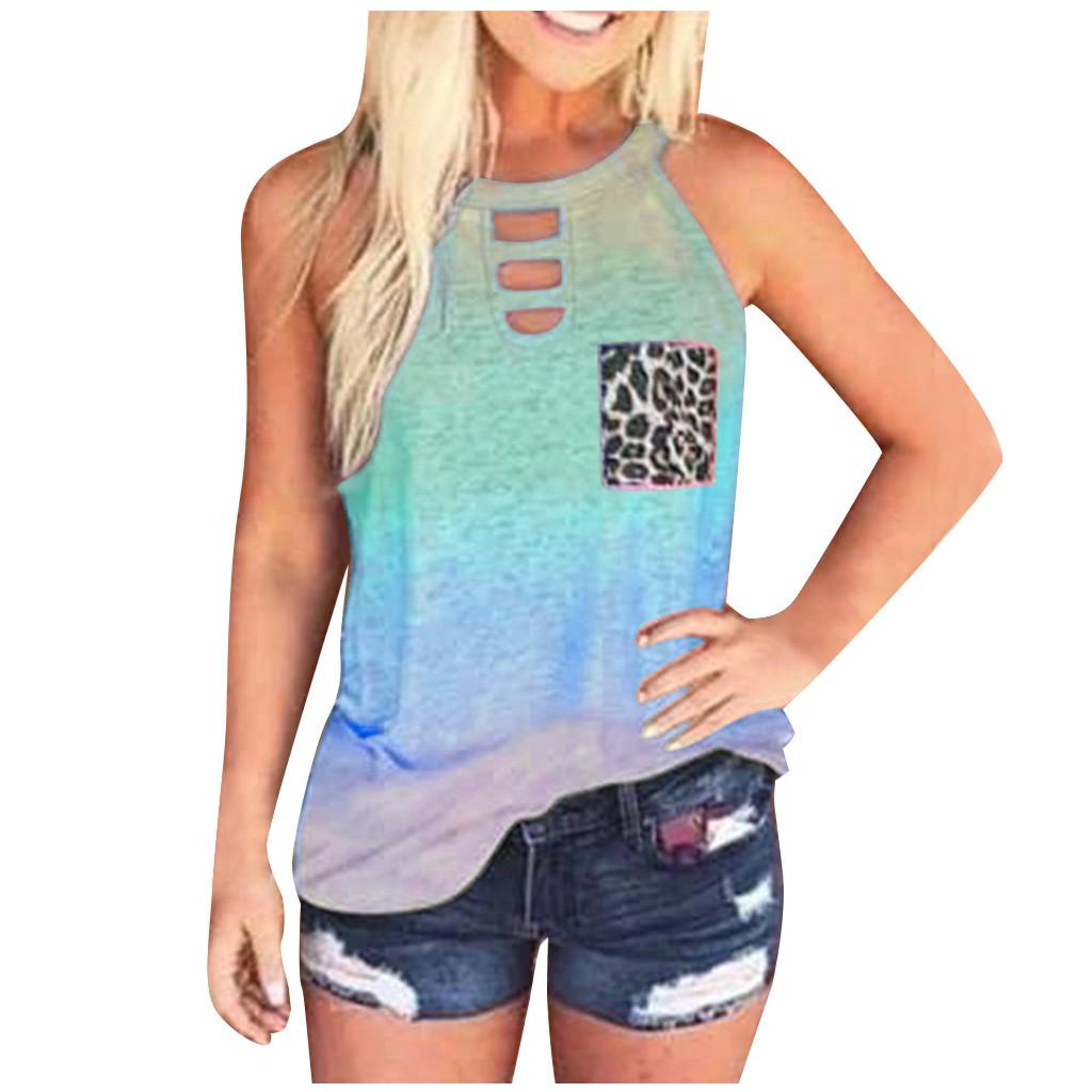 Womens Tie-Dye Leopard Pocket Sleeveless Tank Top Casual Summer Blouse Shirts