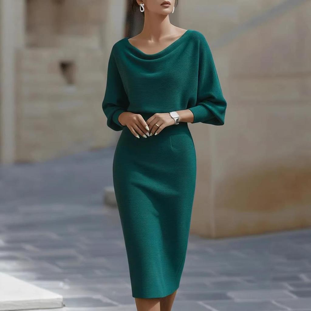 2026 Frühling Europäisches & Amerikanisches Damen Elegantes Schwingender Halsausschnitt Langarm Taillenbetontes Kleid