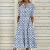 Floral Print V-Neck Mid-Sleeve Casual Dress with Pockets, Button Front, Loose Fit - White/Light Blue/Pink