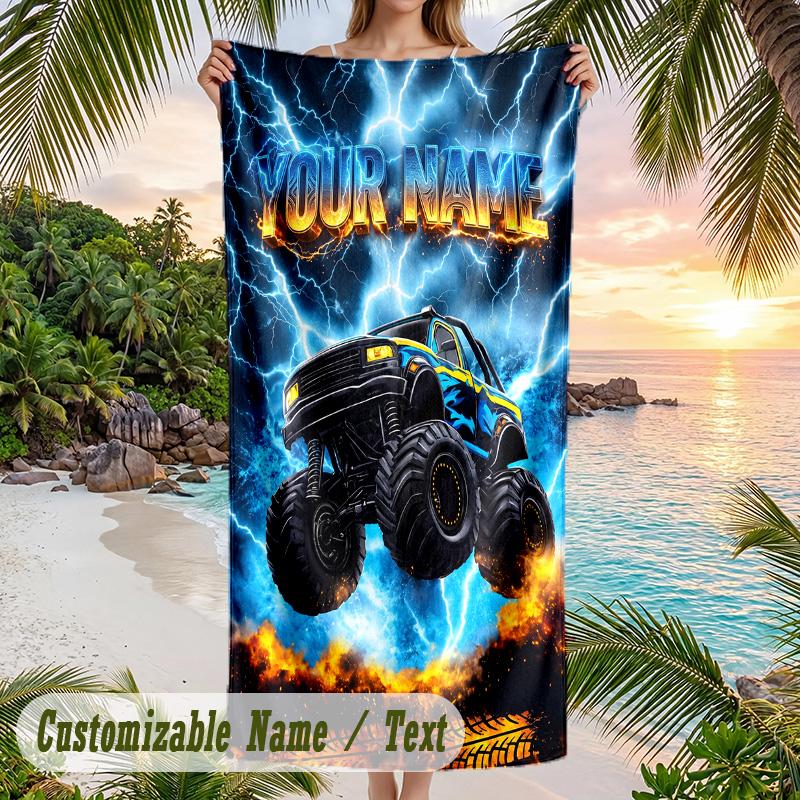 Monster Truck Theme Beach Towel Personalized Custom Name & Text Soft Quick Dry Beach Towel for Swimming Travel
