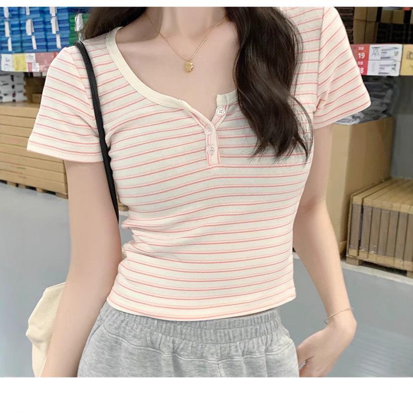 Women's Striped Short Sleeve Slim T-Shirt with Half-Open Collar - 2025 Summer Fashion