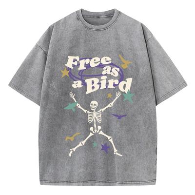 Street Damen Washed T-Shirts Free As Bird Skelett Mann Bedruckte T-Shirts Bequeme Baumwolle Oversize T-Shirts Sommerkleidung