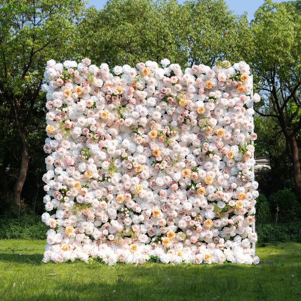 Uflower Artificial Flower Wall Roll-Up White Champagne Rose Hanging Fabric Floral Backdrop for Wedding Event Party Decorations