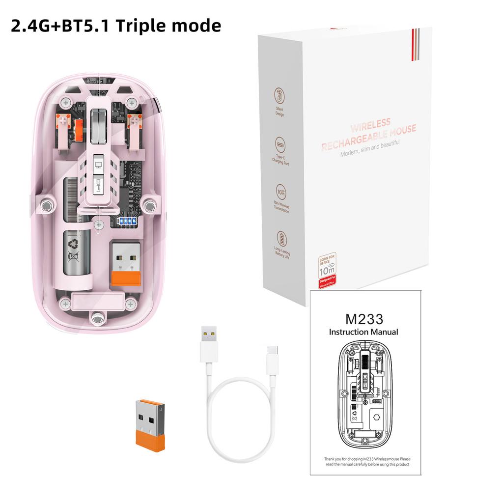 The Third Mock Examination Transparent Mouse 2.4G Wireless And BT5.1 Rechargeable Built-in 500mA Lithium Battery Mute