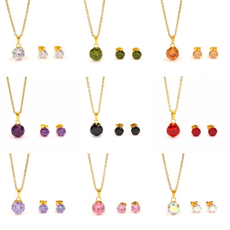 Popular in Europe and The United States, Round Color Zircon Titanium Steel Set, Versatile Exquisite Women's Collarbone Chain Earrings, Versatile 2026