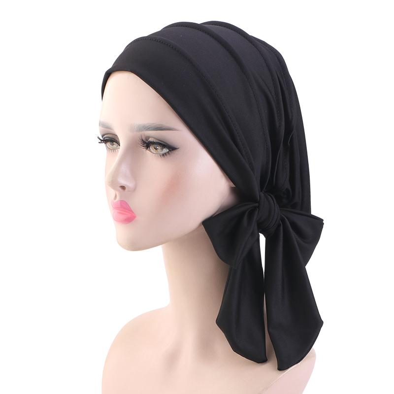NEW Solid color long tail headscarf hat Women Chemo Hat breathable base cap Muslim Headscarf Hat