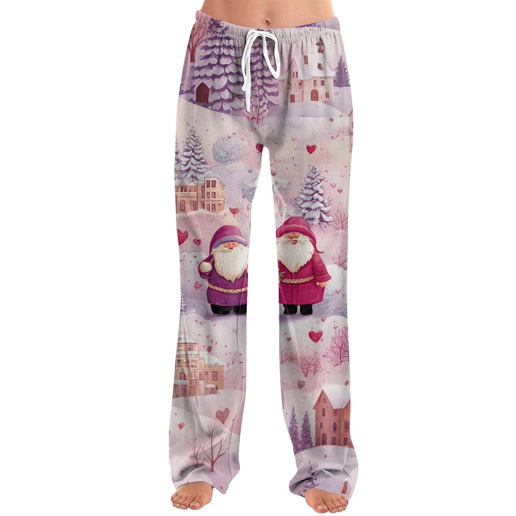 Ladies' Loose And Casual Christmas Printed Wide Leg Pants With Elastic Waistband Drawstring And Pocket Pants
