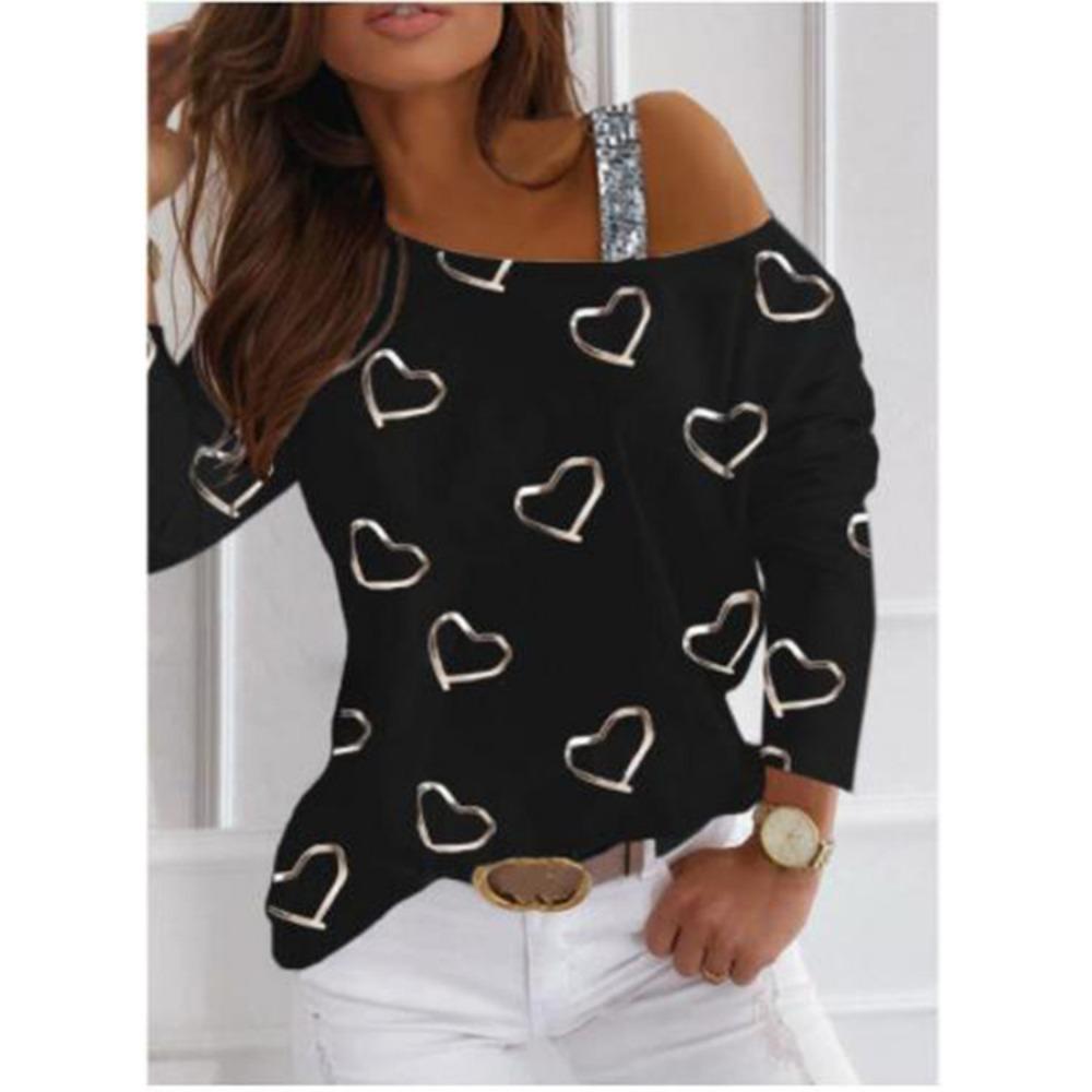 Off Shoulder Sequin Fashion Pullover Long Sleeve T Shirt Street Trendy Womens Top