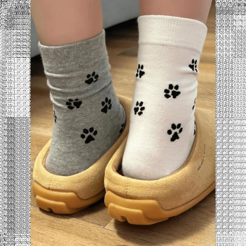 3 Pairs Cute Cartoon Dog Paws Socks - All-Match Middle Tube Korean Style College Socks for Women