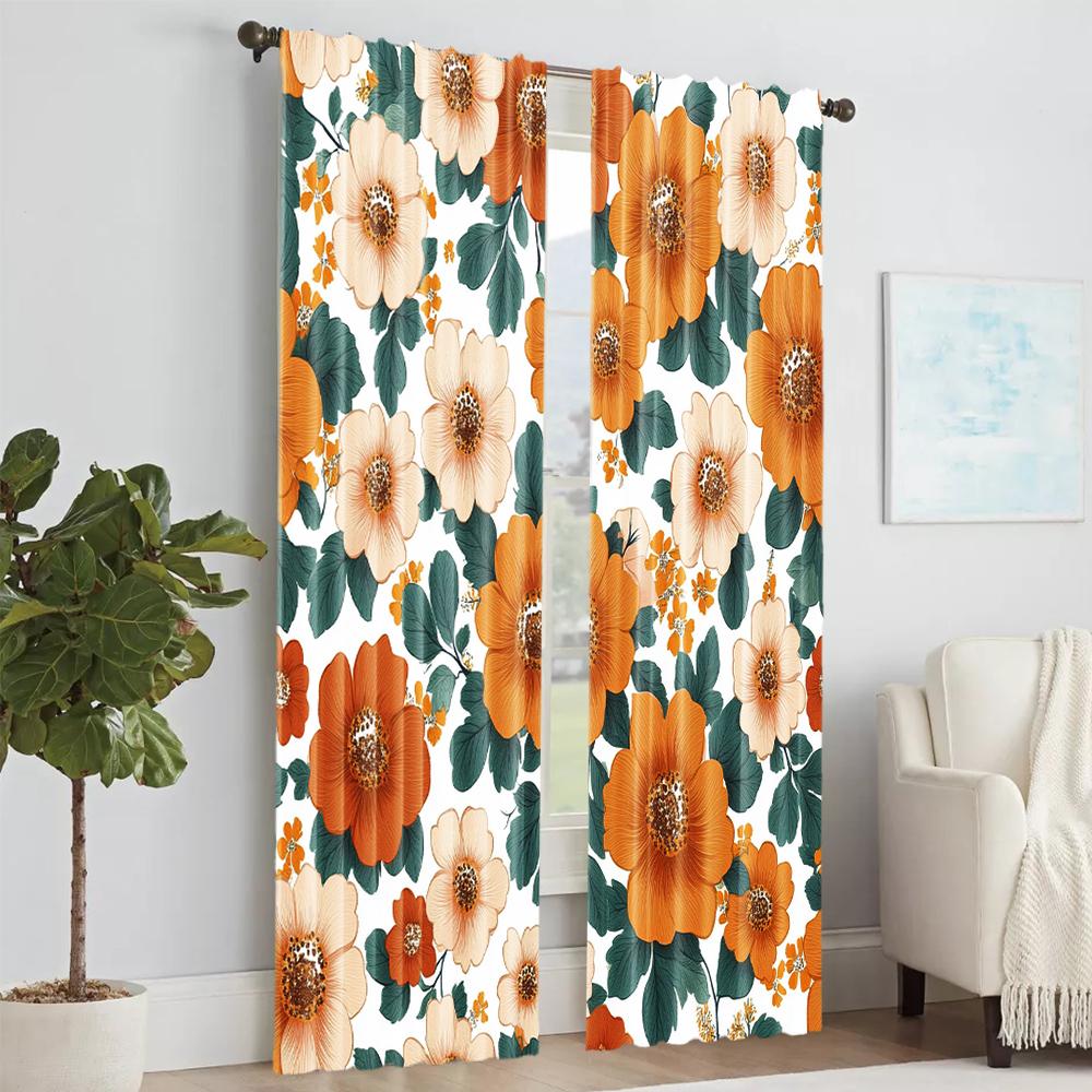 2 pcs, versatile polyester transparent curtains for home decoration Orange Floral Pattern for use in bedrooms and living rooms