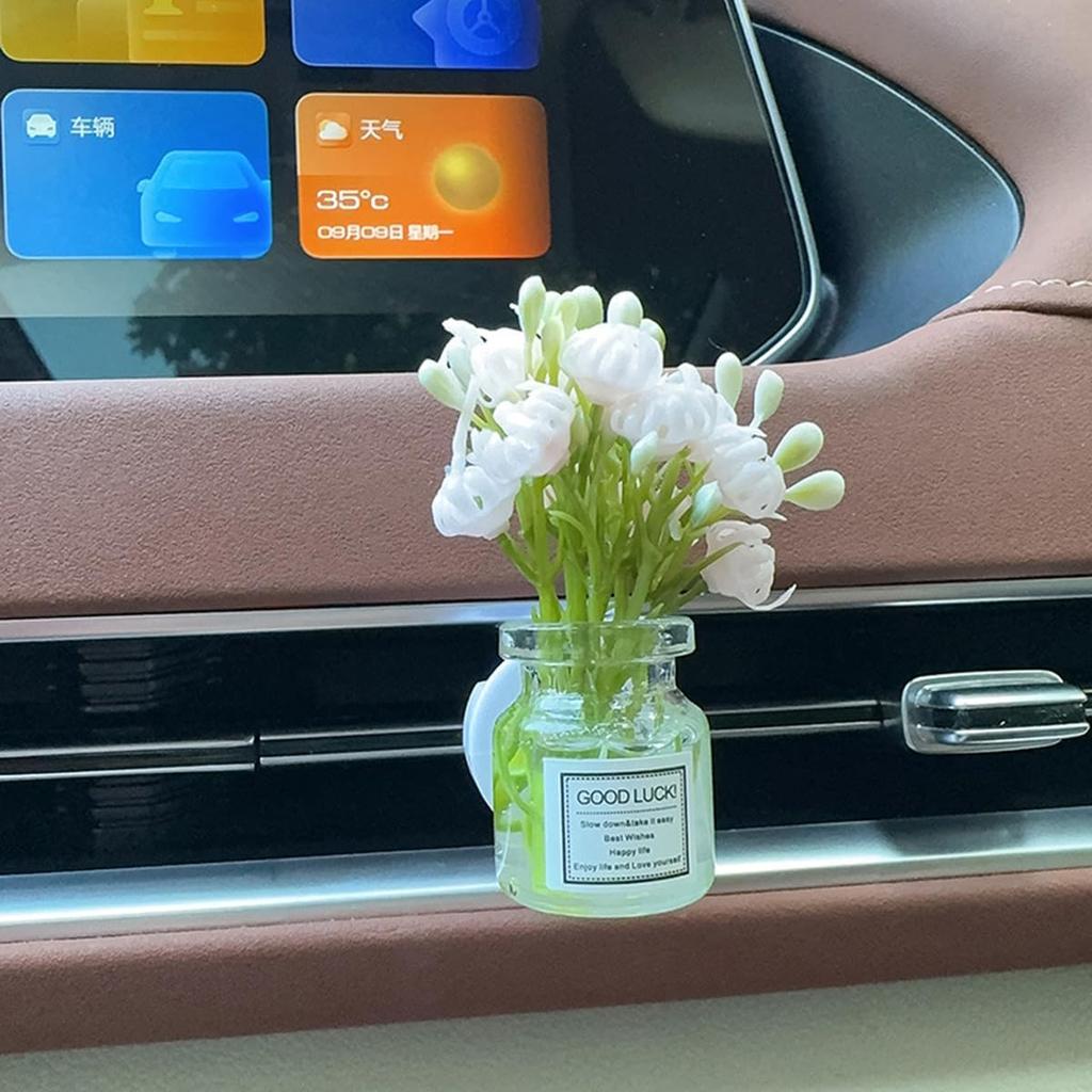 Set Of 4 Cute Flower Bouquet In Glass Vase Car Air Freshener Vent Clips, Mini Artificial Flowers For Car Air Vent Decoration, Auto Interior Dash