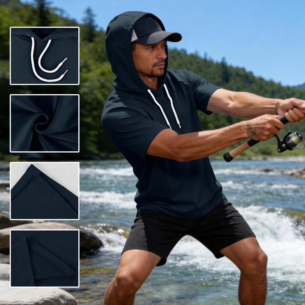 Men Short Sleeve Hoodie Casual Pullover Drawstring Hooded Shirt Relaxed Fit Lightweight Top for Everyday Wear